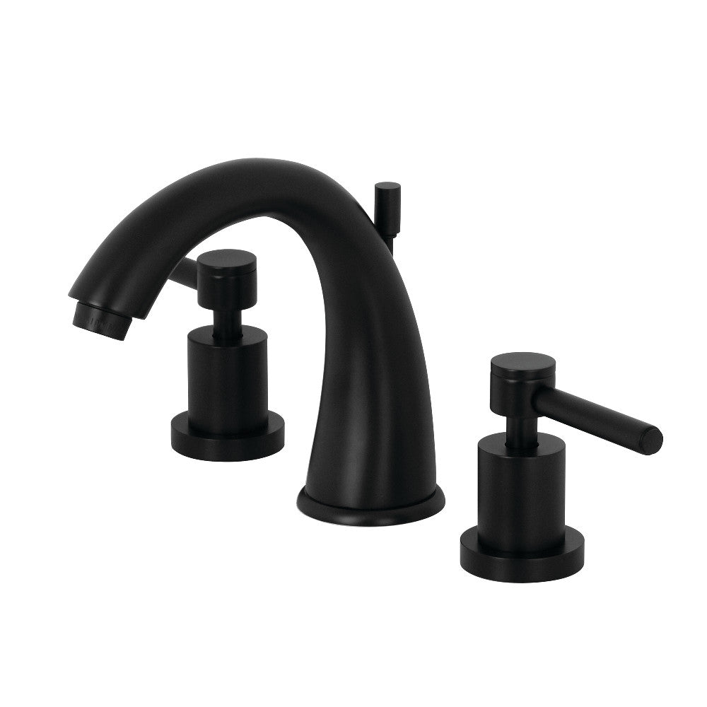 Kingston Brass KS2967DL Concord Widespread Bathroom Faucet in matte black with bold cylindrical design and sleek lever handles.