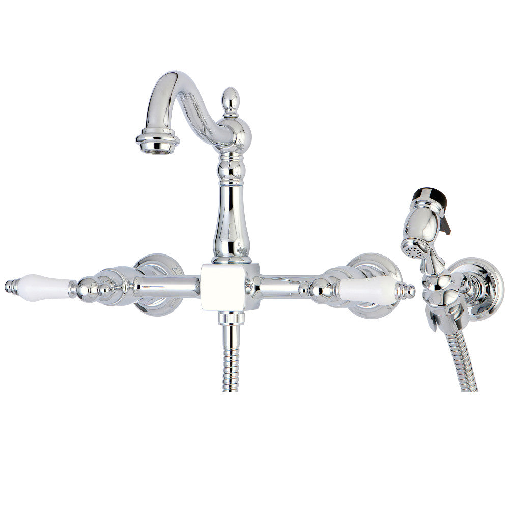 Kingston KS1263PLBS Heritage Two-Handle Wall Mount Bridge Kitchen Faucet with Brass Sprayer, Antique Brass