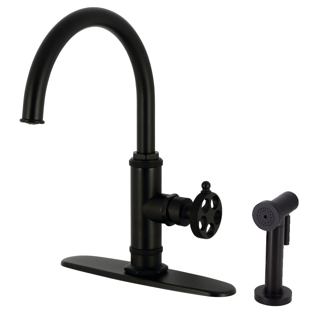 Kingston Brass KS2433RKX Webb Single-Handle Kitchen Faucet with Knurled Handle and Brass Side Sprayer, Antique Brass.