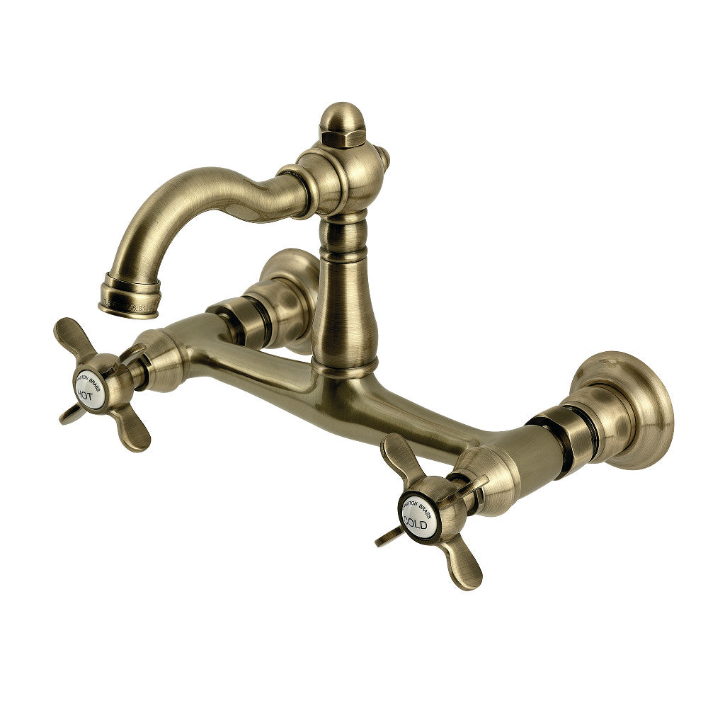 Kingston KS3253BEX Essex Two-Handle Wall Mount Bridge Kitchen Faucet, Antique Brass on white background.