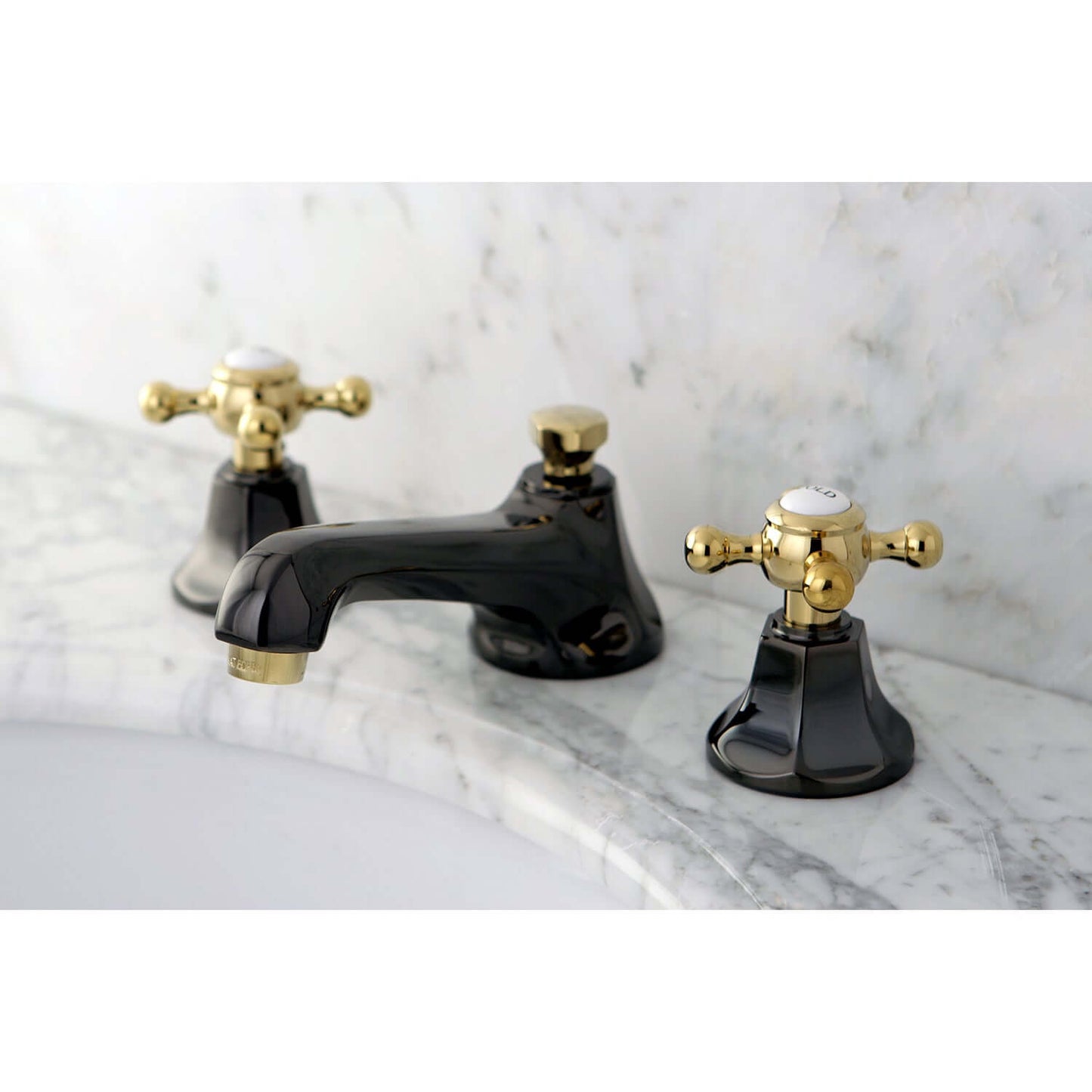 Kingston Brass NS4460BX Water Onyx Widespread Bathroom Faucet right side view with gold cross handles.