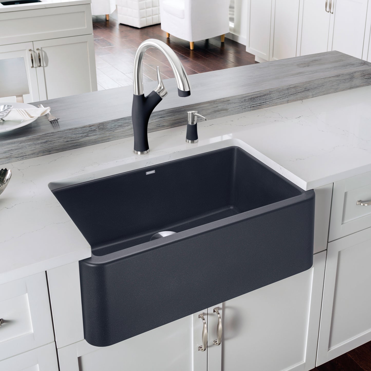 BLANCO Ikon SILGRANIT 30" Single Bowl Apron-Front Farmhouse Sink in a modern kitchen setting with faucet.