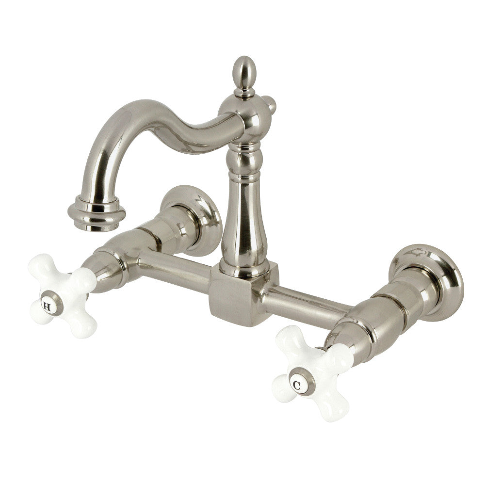 Kingston KS1263PX Heritage Two-Handle Wall Mount Bridge Kitchen Faucet, Antique Brass with brushed nickel finish