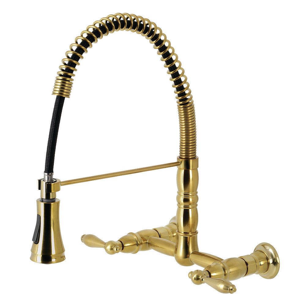Gourmetier GS1243AL Heritage Double-Handle Wall-Mount Pre-Rinse Bridge Kitchen Faucet, Antique Brass with high arching spout.