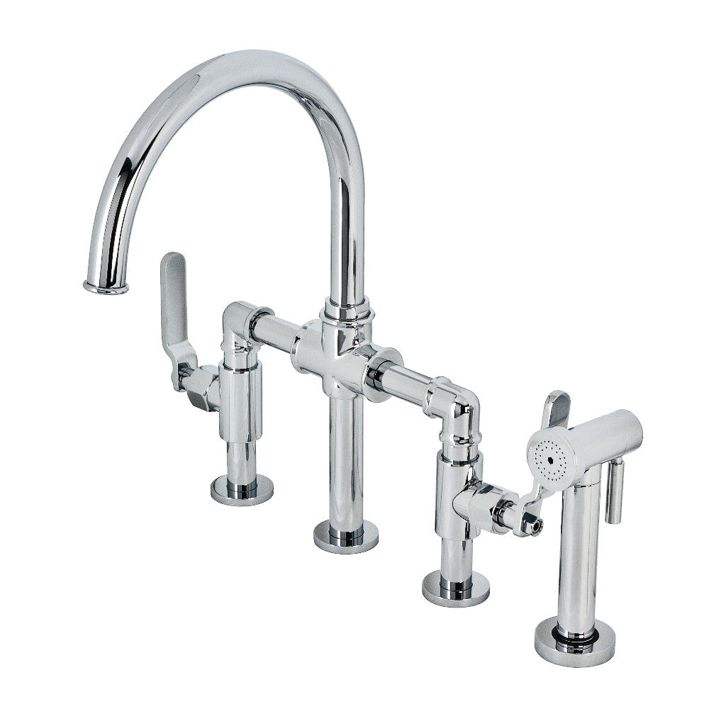 Kingston KS2333KL Whitaker Industrial Style Bridge Kitchen Faucet with Brass Sprayer, Antique Brass, Polished Chrome finish.