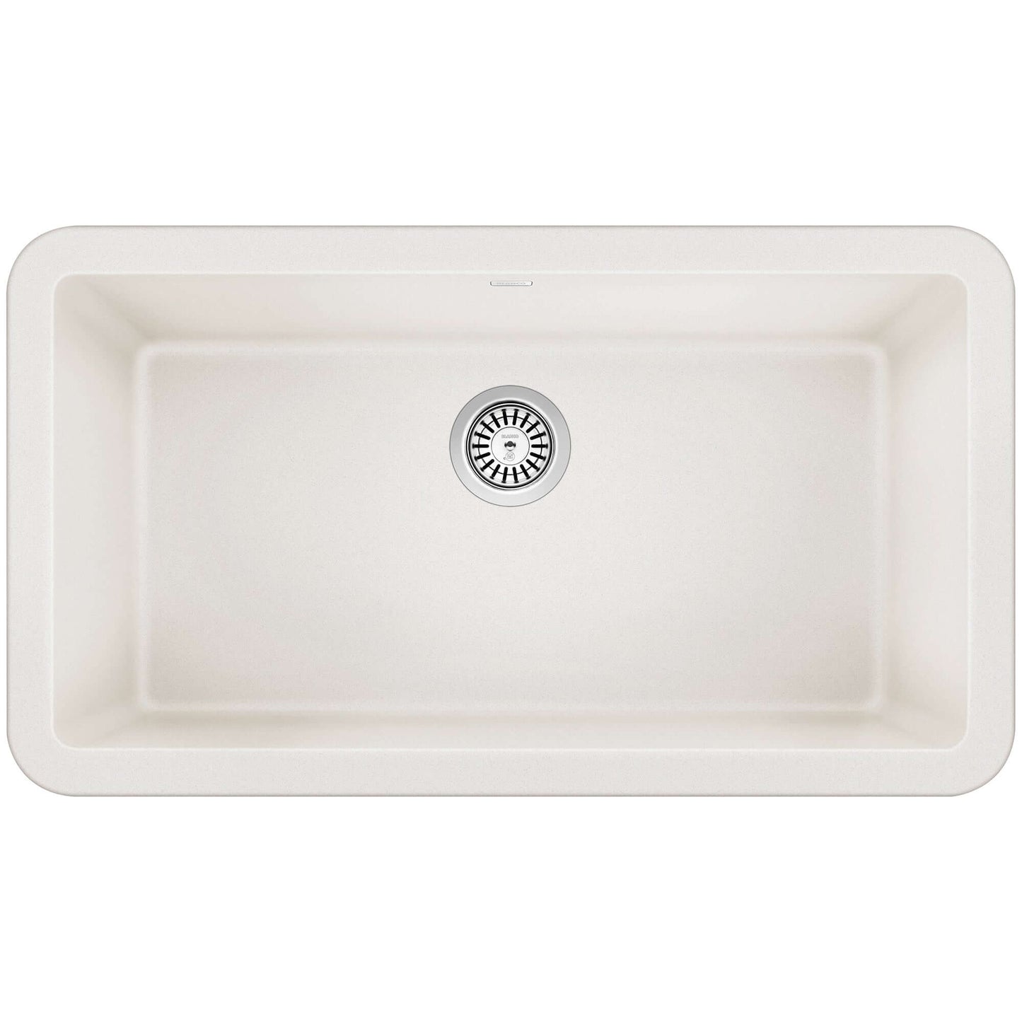 Top view of BLANCO Ikon SILGRANIT 33" Single Bowl Apron-Front Farmhouse Sink, showcasing the sleek design and drain.