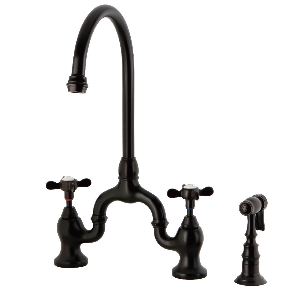 Kingston KS7798BEXBS Essex Bridge Kitchen Faucet with Brass Sprayer, Brushed Nickel in Oil Rubbed Bronze finish.