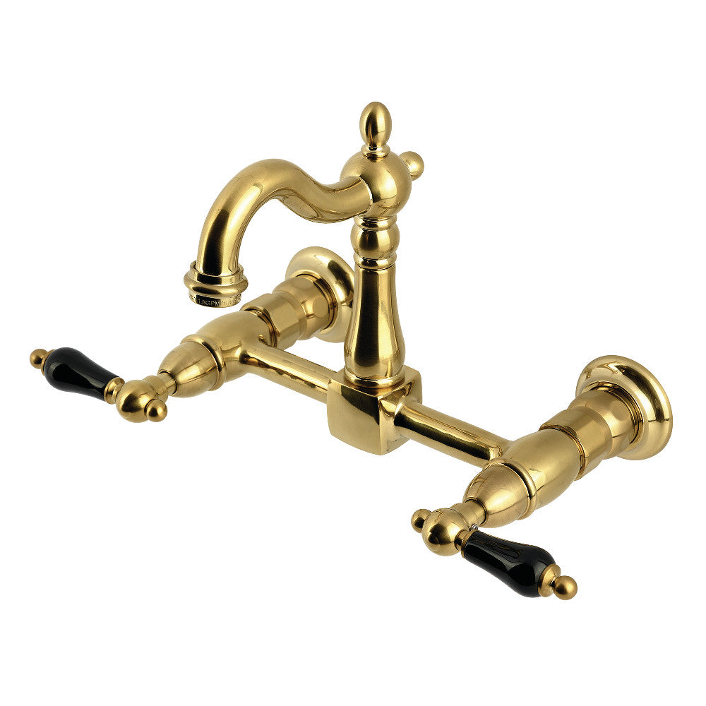 Kingston KS2443PKL Duchess Two-Handle Wall Mount Bridge Kitchen Faucet, Antique Brass with black handles