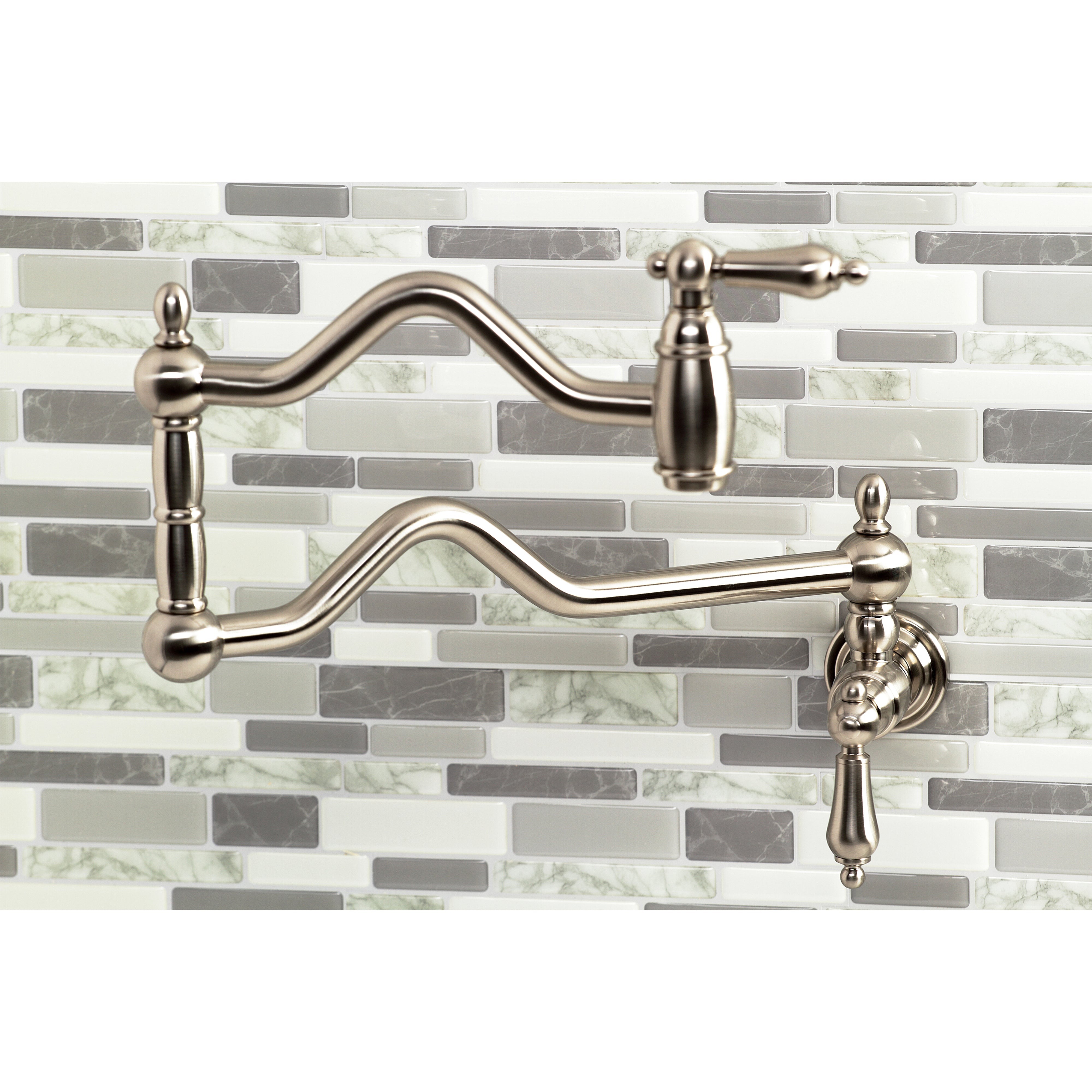 Kingston Brass KS2107AL Heritage Wall Mount Pot Filler Faucet, Brushed Brass on a stylish backsplash.