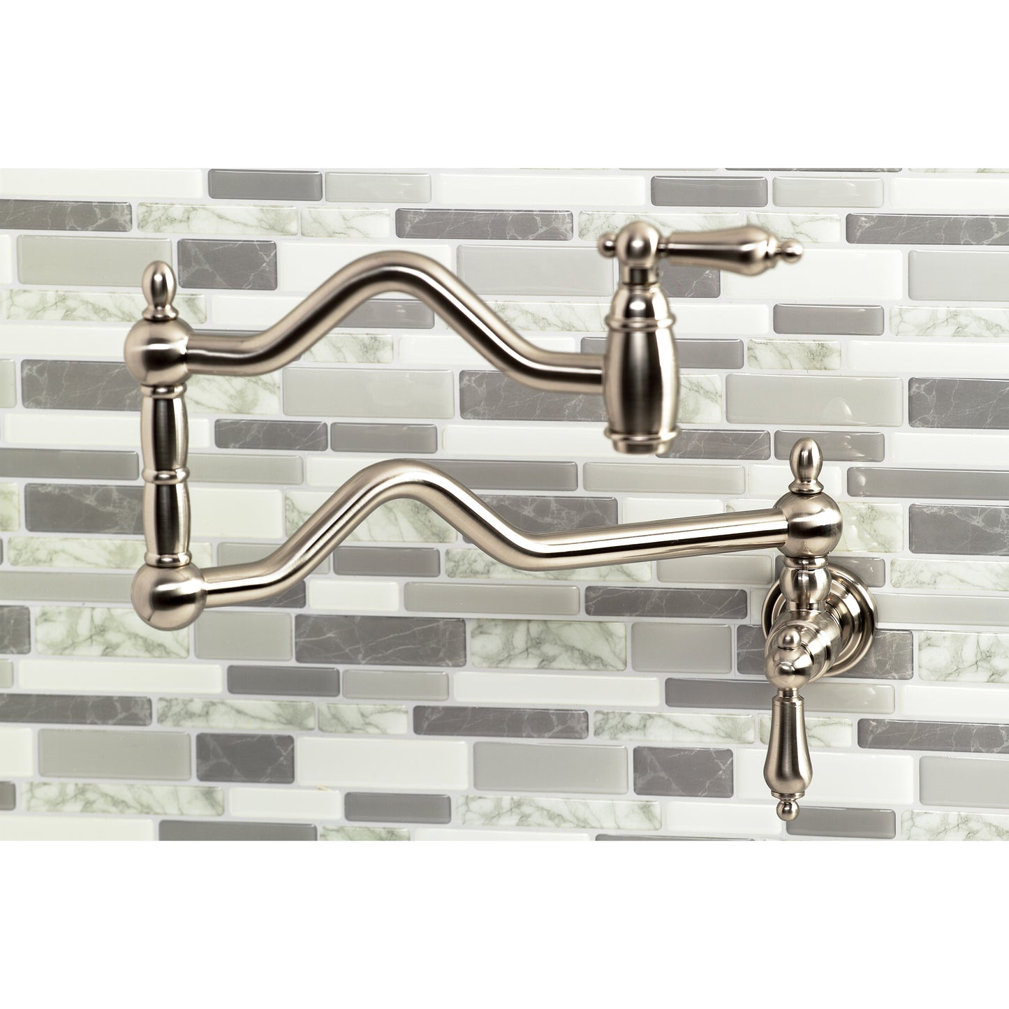 Kingston Brass KS2107AL Heritage Wall Mount Pot Filler Faucet, Brushed Brass on a stylish backsplash.