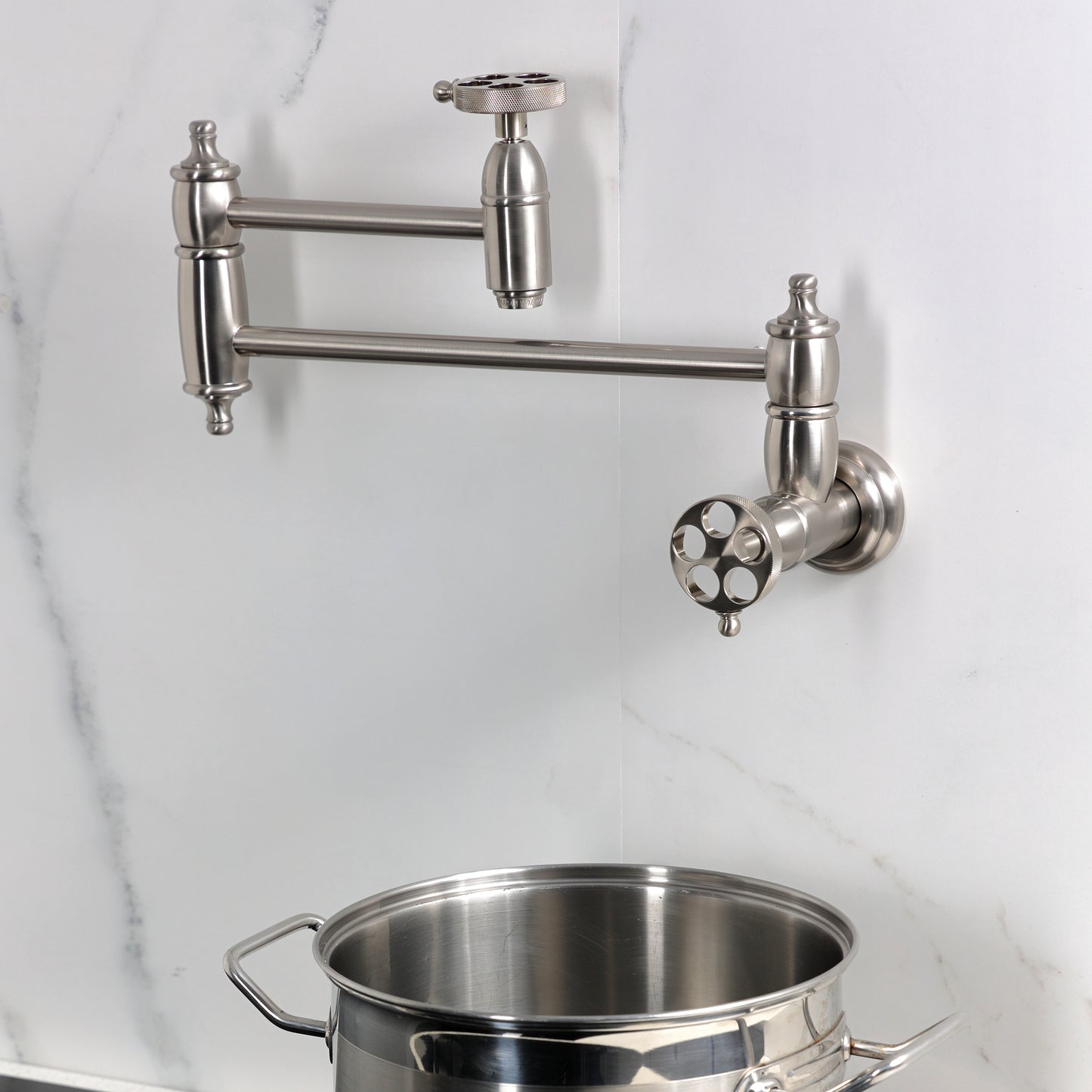 Kingston Brass KS3103RKZ Wendell Wall Mount Pot Filler Faucet with Knurled Handle, Antique Brass