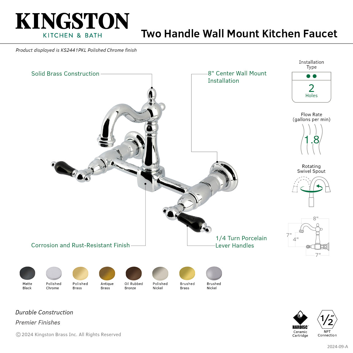 Kingston KS2443PKL Duchess Two-Handle Wall Mount Bridge Kitchen Faucet, Antique Brass image showcasing solid brass construction.