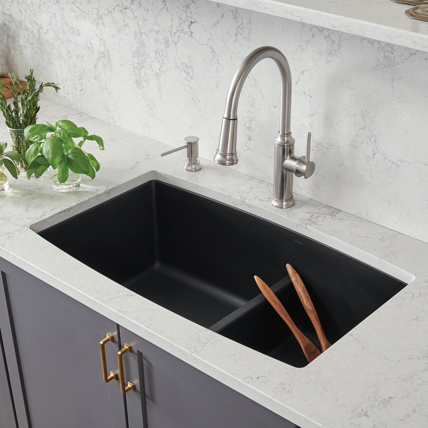 BLANCO Performa SILGRANIT 33" 60/40 Double Bowl Undermount Kitchen Sink with Low Divide in a modern kitchen setting
