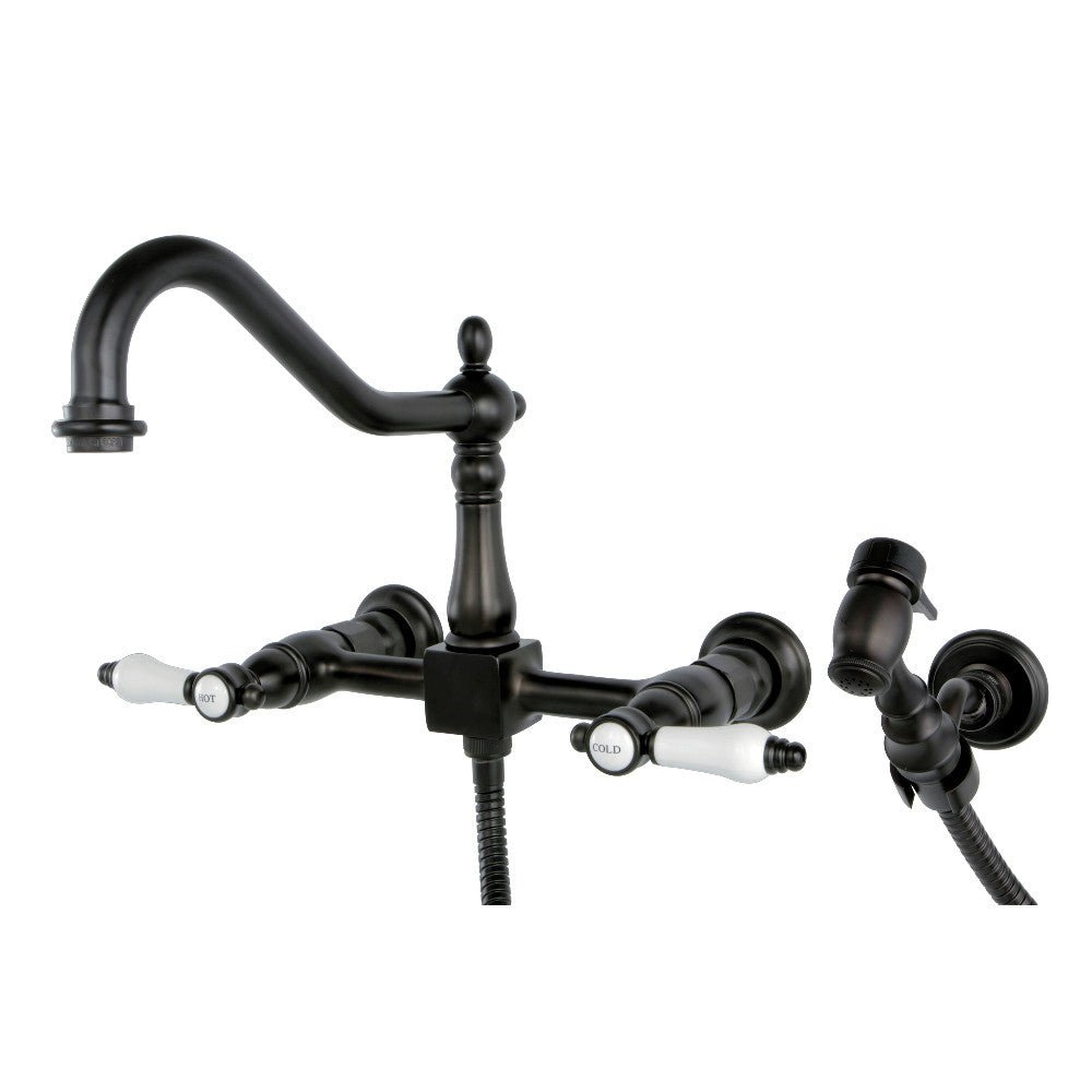 Kingston KS1245BPLBS Bel-Air Two-Handle Wall Mount Bridge Kitchen Faucet with Brass Sprayer, Oil Rubbed Bronze