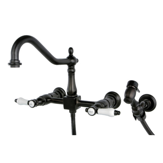 Kingston KS1245BPLBS Bel-Air Two-Handle Wall Mount Bridge Kitchen Faucet with Brass Sprayer, Oil Rubbed Bronze