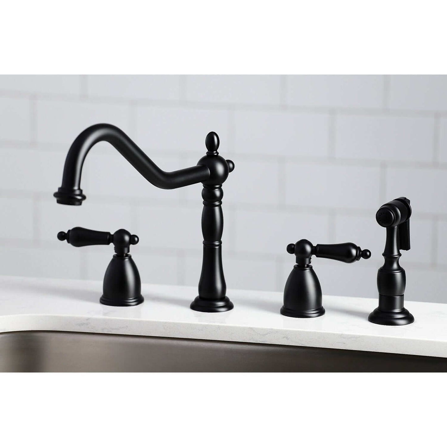 KINGSTON Brass Widespread Kitchen Faucet with Brass Sprayer - KB1790ALBS top view showcasing the elegant design and features.