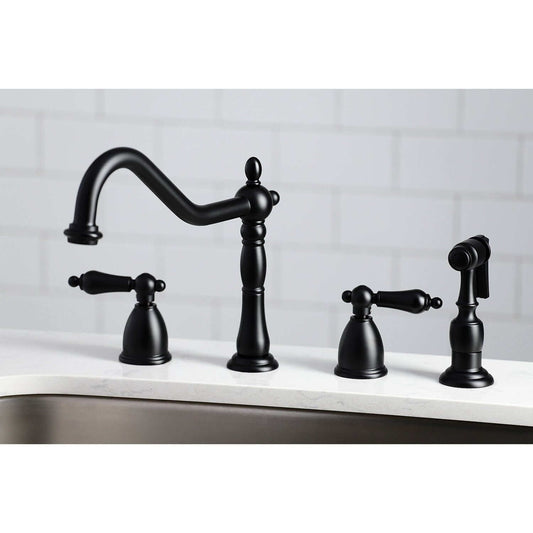 KINGSTON Brass Widespread Kitchen Faucet with Brass Sprayer - KB1790ALBS top view showcasing the elegant design and features.