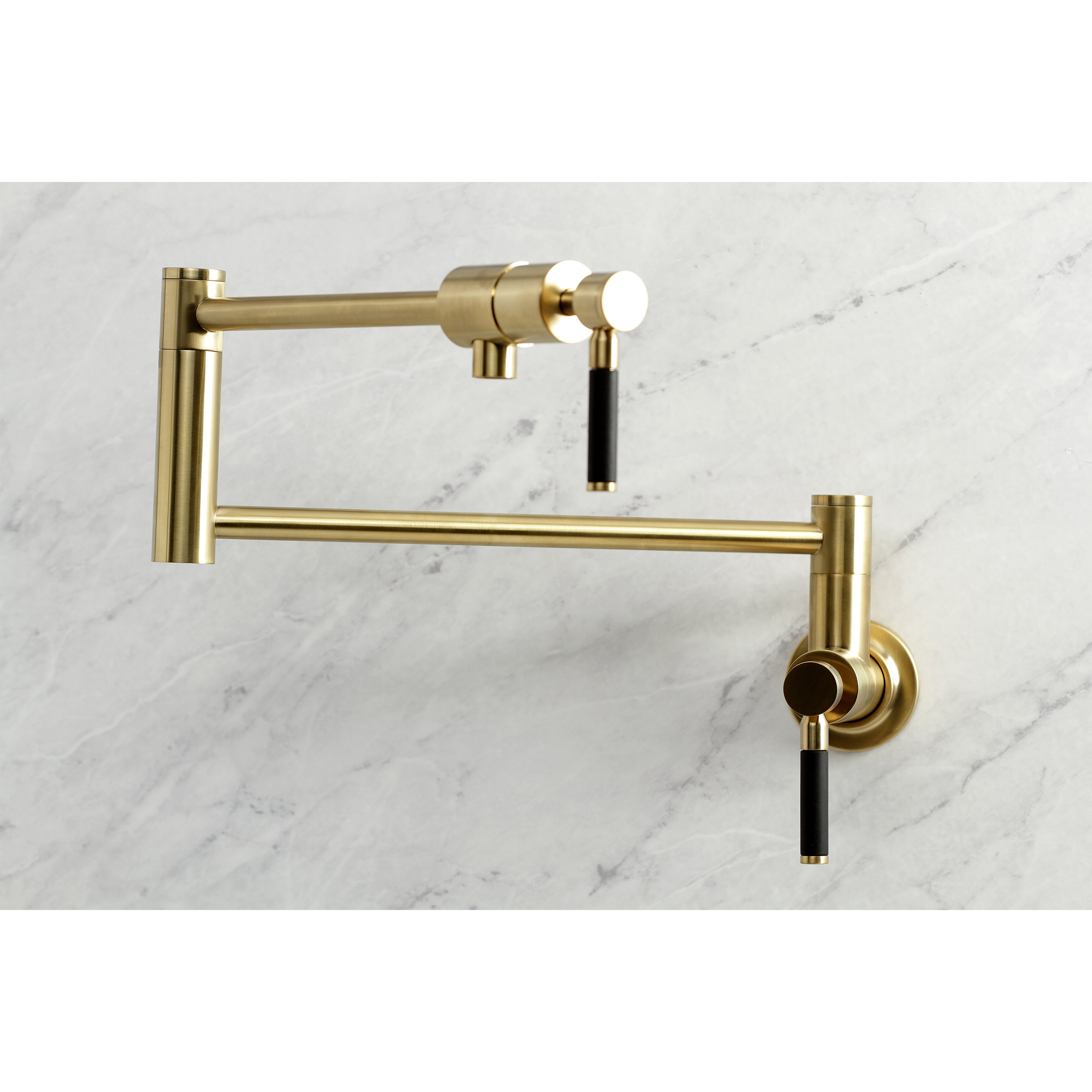 Kingston Brass KS4103DKL Kaiser Wall Mount Pot Filler Faucet, Antique Brass on a marble background.