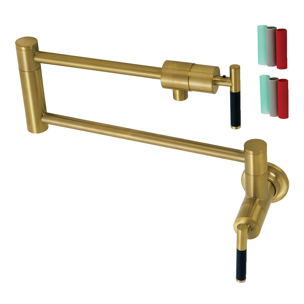 Kingston Brass KS4103CKL Kaiser Wall Mount Pot Filler Faucet, Antique Brass with black silicone grips and foldable swing arms