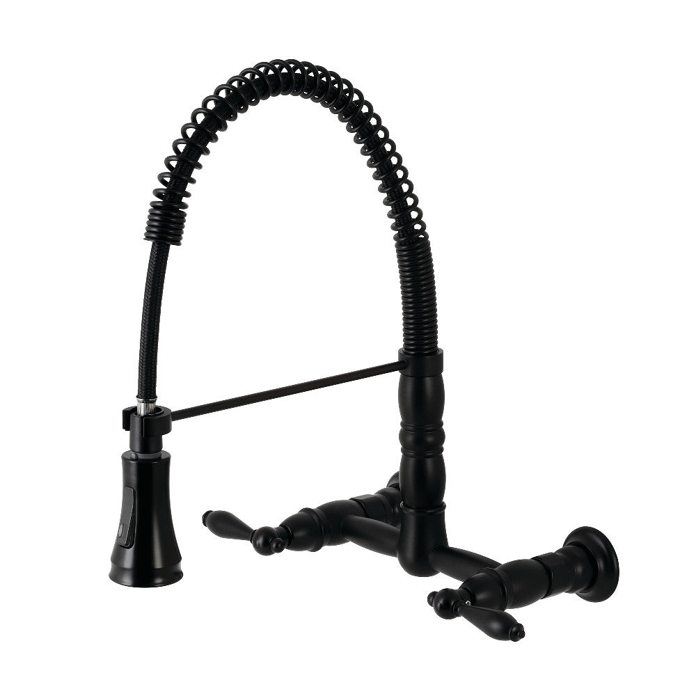 Gourmetier GS1243AL Heritage Double-Handle Wall-Mount Pre-Rinse Bridge Kitchen Faucet, Antique Brass in Matte Black finish.