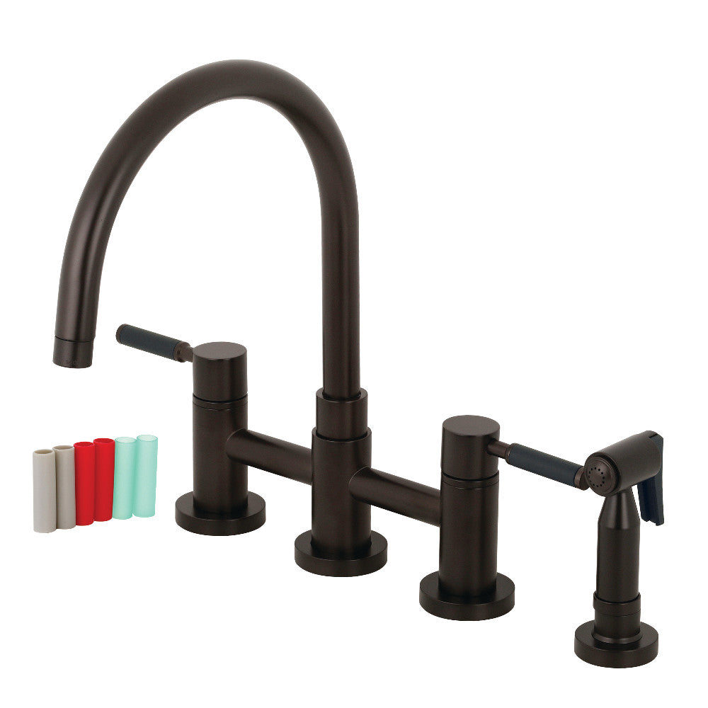 Kingston KS8278DKLBS Kaiser Bridge Kitchen Faucet with Brass Sprayer, Brushed Nickel in oil rubbed bronze finish.