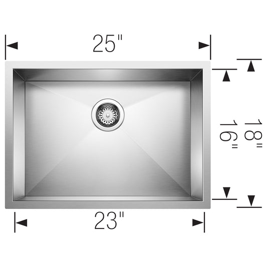 BLANCO Precision R0 25" Single Bowl Undermount Stainless Steel Kitchen Sink dimensions view from above.