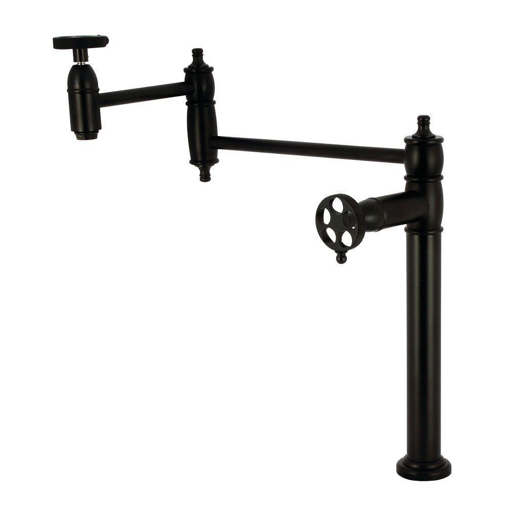 Kingston Brass KS3703RKX Webb Deck Mount Pot Filler Faucet with Knurled Handle, Antique Brass in matte black finish