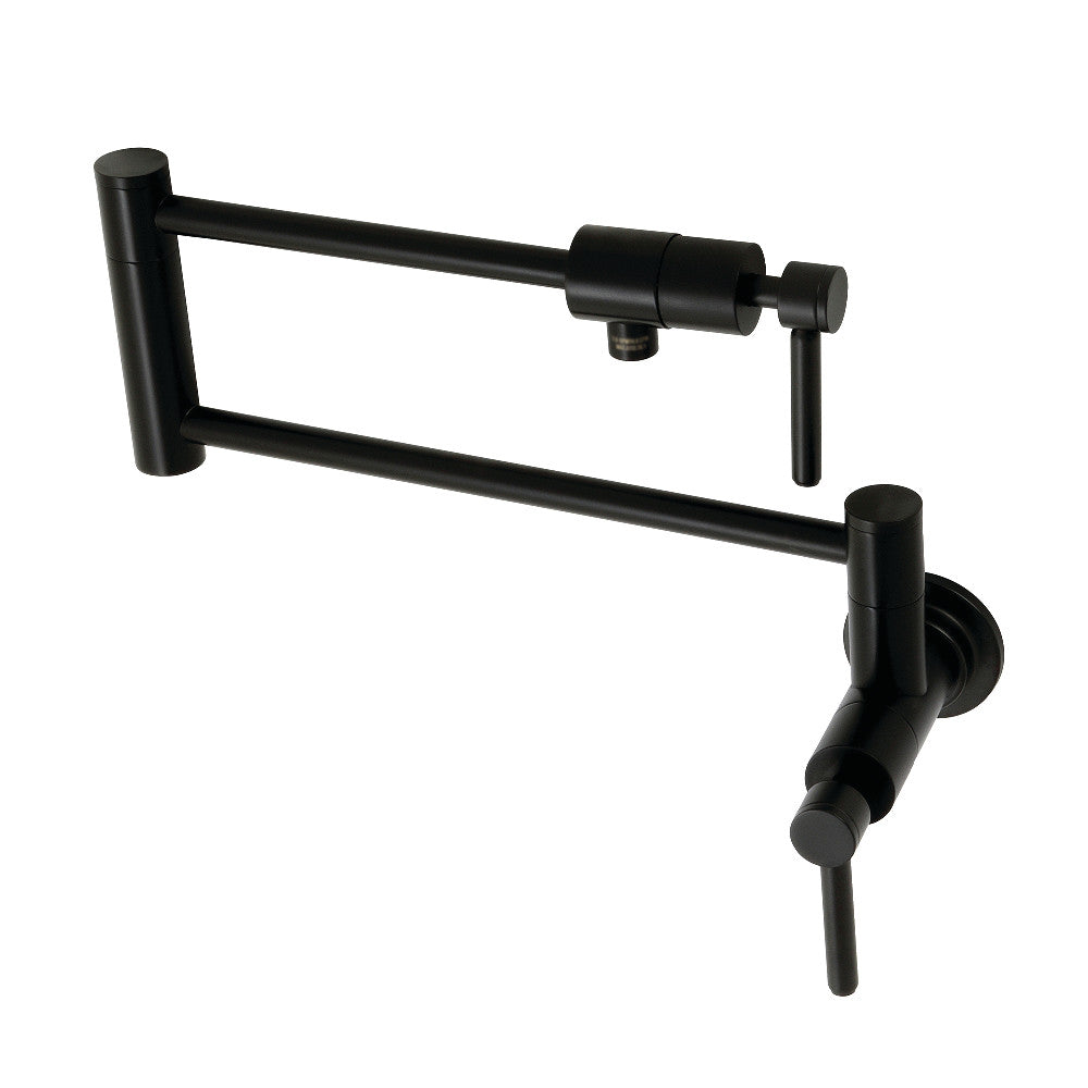 Kingston Brass KS4103DL Concord Wall Mount Pot Filler Faucet, Antique Brass with sleek cylindrical design.