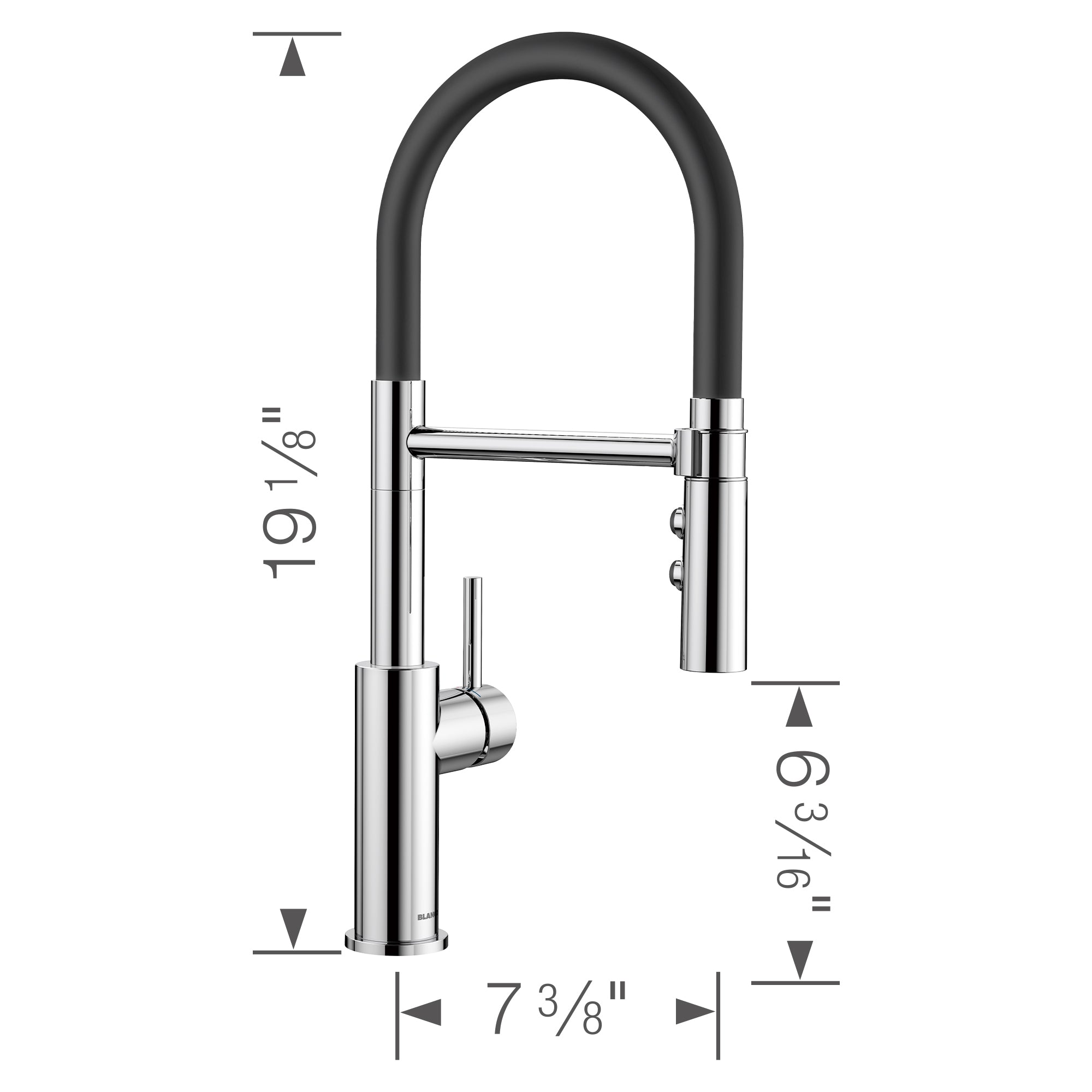 BLANCO Catris Flexo Semi-Pro Pull-Down Dual-Spray Kitchen Faucet dimensions diagram with height and width measurements.