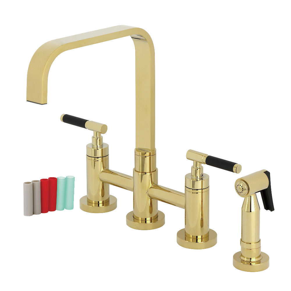 Kingston KS8257CKLBS Kaiser Bridge Kitchen Faucet with Brass Sprayer, Brushed Brass and Neoprene handles.
