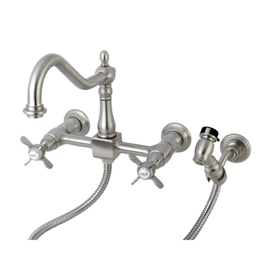 Kingston KS1248BEXBS Essex Two-Handle Wall Mount Bridge Kitchen Faucet with Brass Sprayer, Brushed Nickel