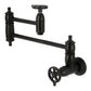 Kingston Brass KS3103CG Fuller Wall Mount Pot Filler Faucet, Antique Brass, featuring foldable swing arms and matte black finish.