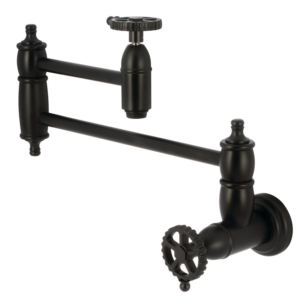 Kingston Brass KS3103CG Fuller Wall Mount Pot Filler Faucet, Antique Brass, featuring foldable swing arms and matte black finish.