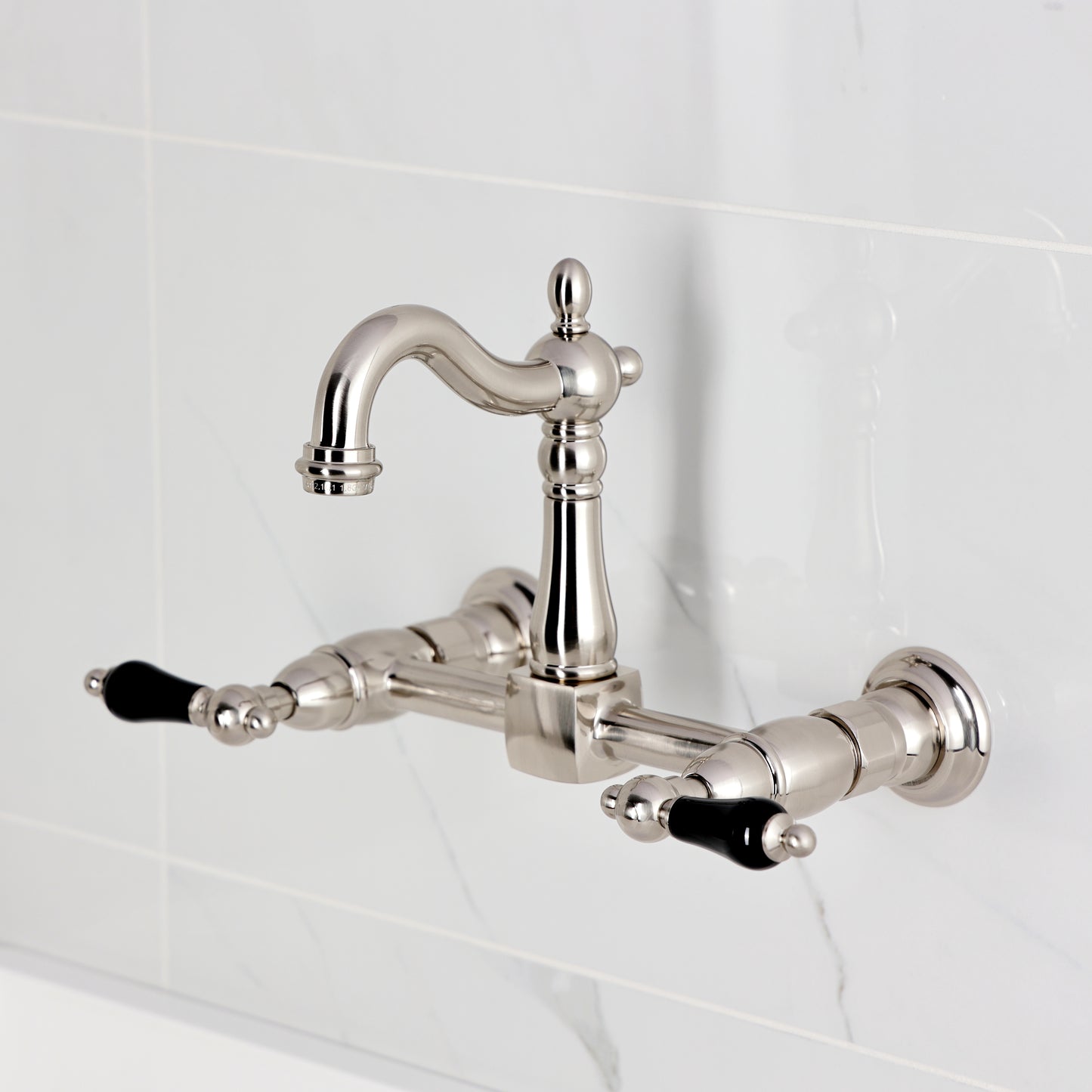 Kingston KS2443PKL Duchess Two-Handle Wall Mount Bridge Kitchen Faucet, Antique Brass with black handles