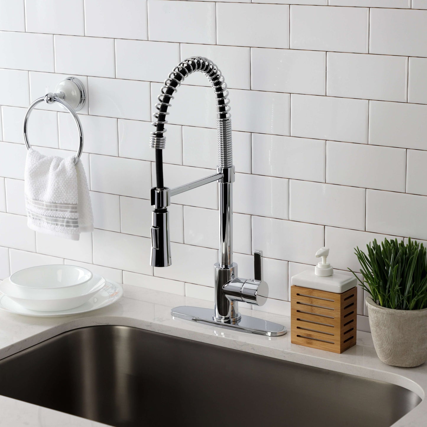 Gourmetier LS8678CTL Continental Single-Handle Deck-Mount Pre-Rinse Kitchen Faucet, Brushed Nickel right side view in kitchen setting