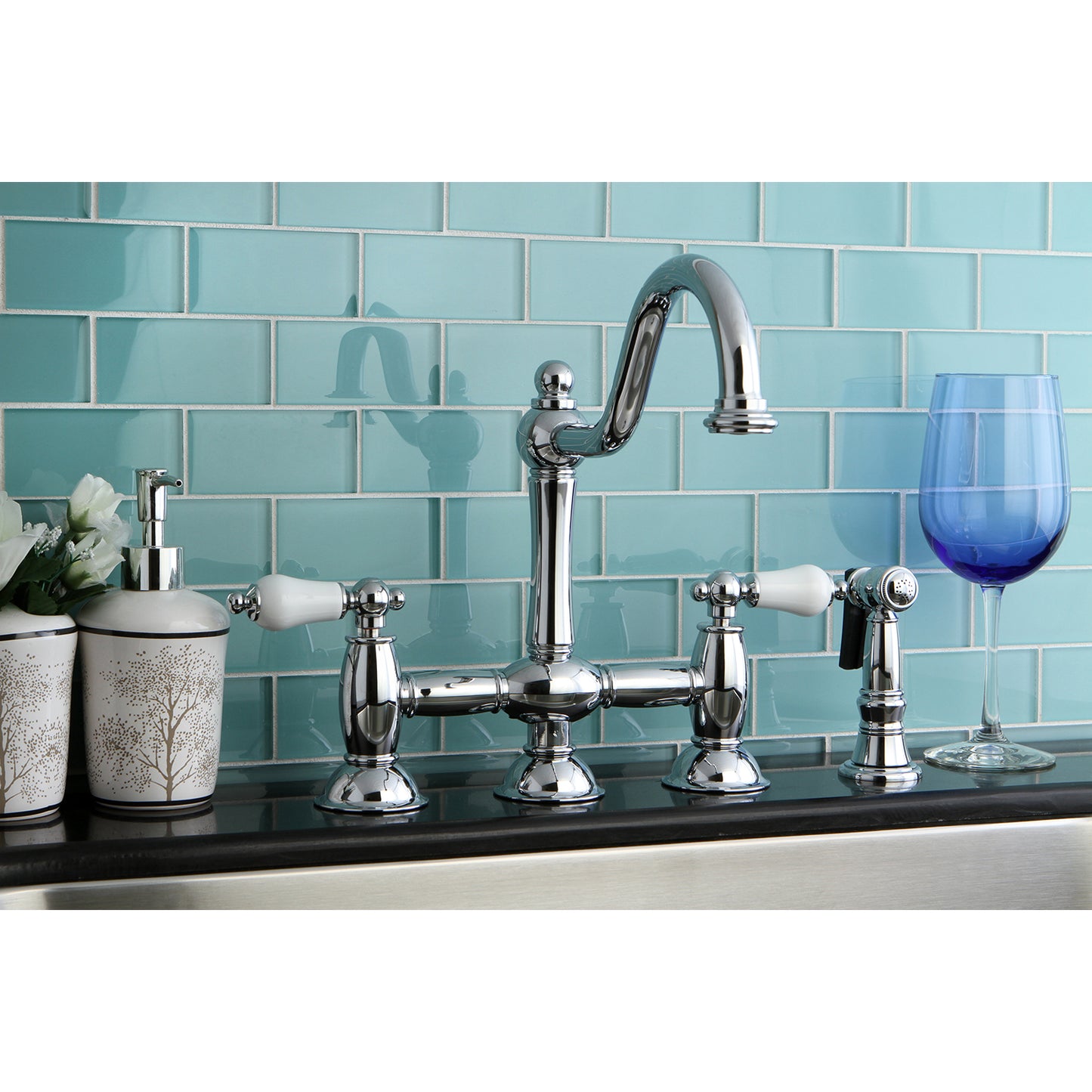 Kingston KS3798PLBS Restoration Bridge Kitchen Faucet with Brass Sprayer, Brushed Nickel in a vintage kitchen setting