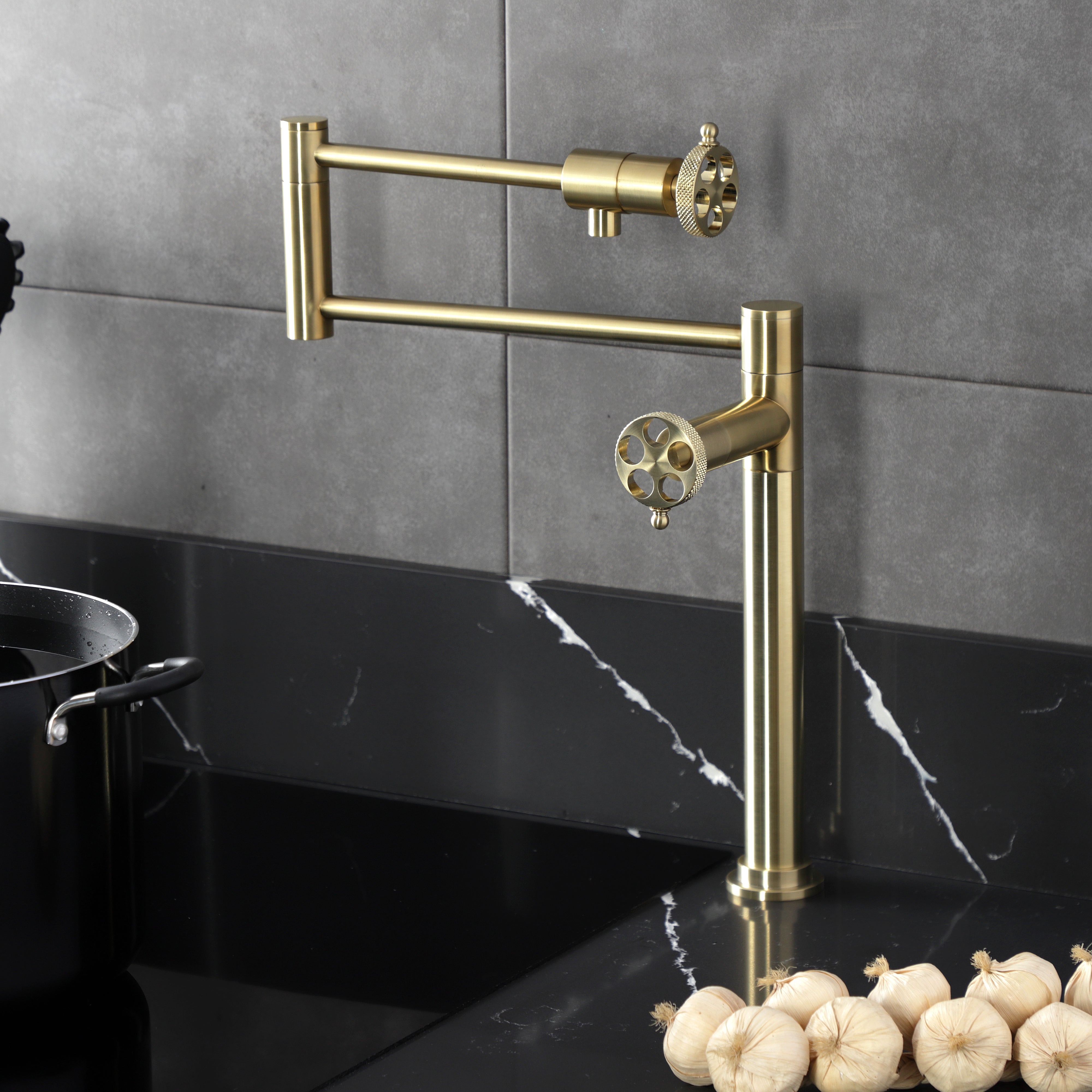 Kingston Brass KS4703RKX Webb Deck Mount Pot Filler Faucet with Knurled Handle, Antique Brass on modern countertop