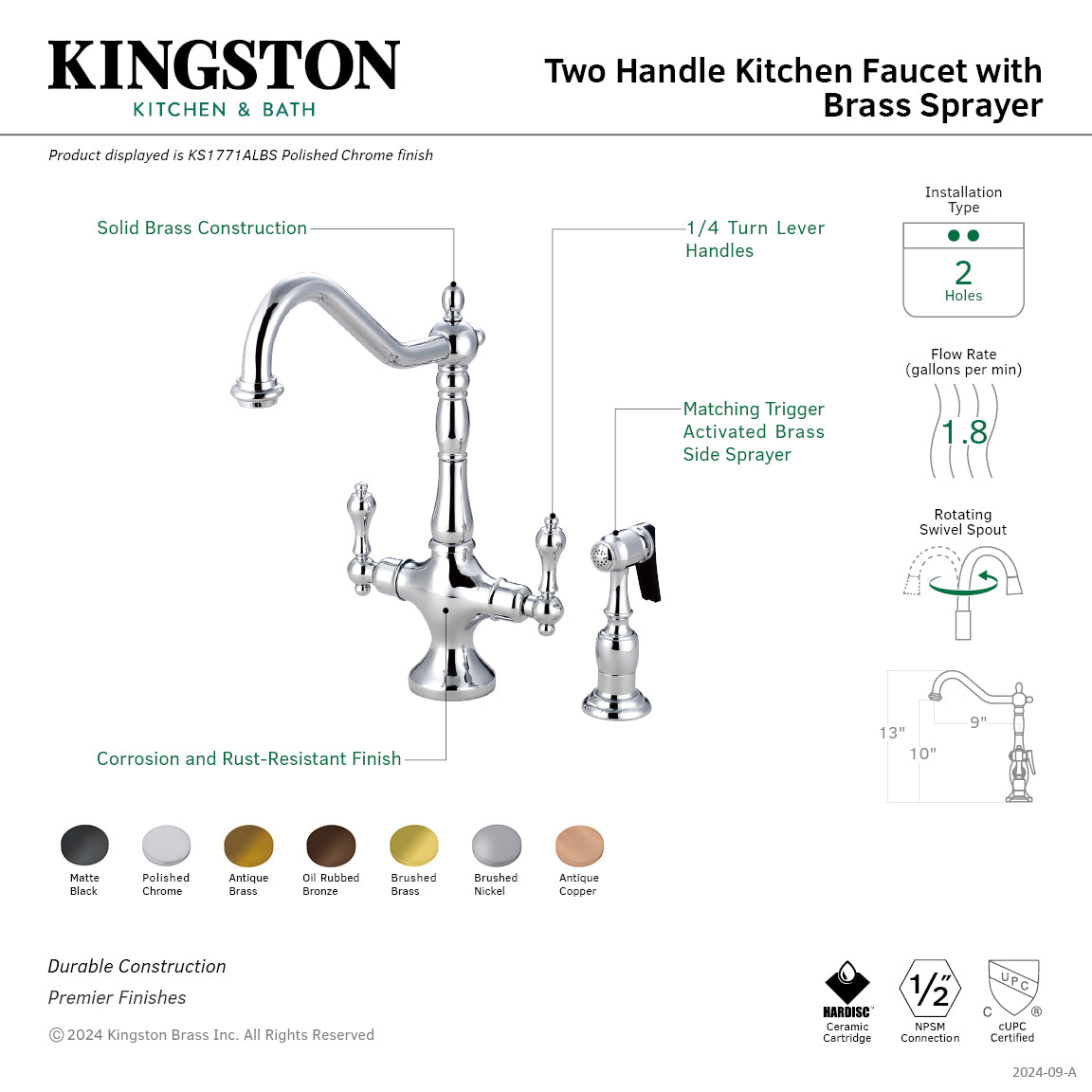Kingston Brass KS1771ALBS Heritage Two-Handle Single-Hole Kitchen Faucet with Brass Sprayer, Antique Brass