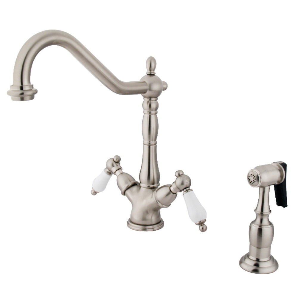 Kingston KS1238PLBS Heritage Two-Handle Kitchen Faucet with Brass Sprayer, Brushed Nickel