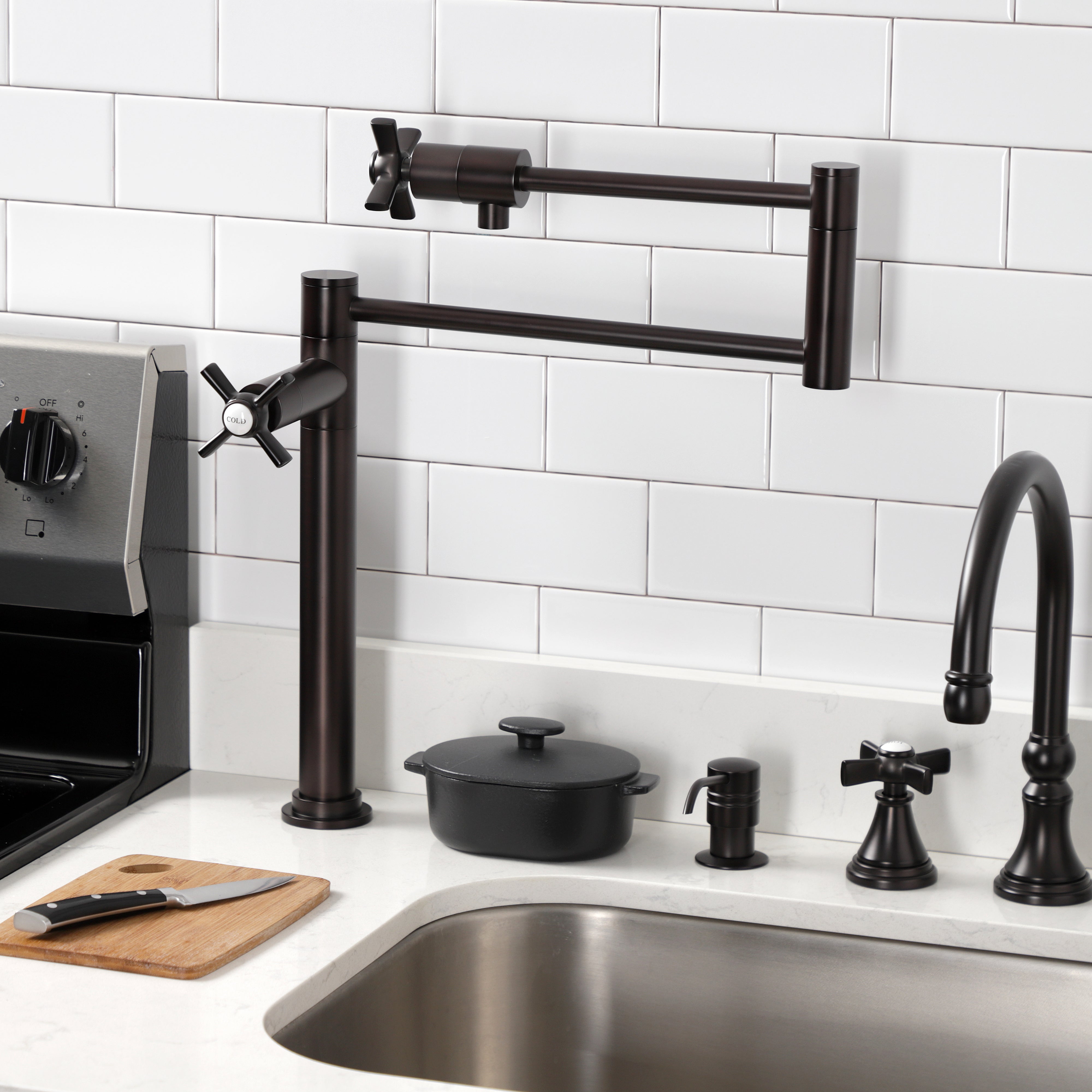 Kingston Brass KS4708ZX Millennium Deck Mount Pot Filler Faucet, Brushed Nickel view in contemporary kitchen setting