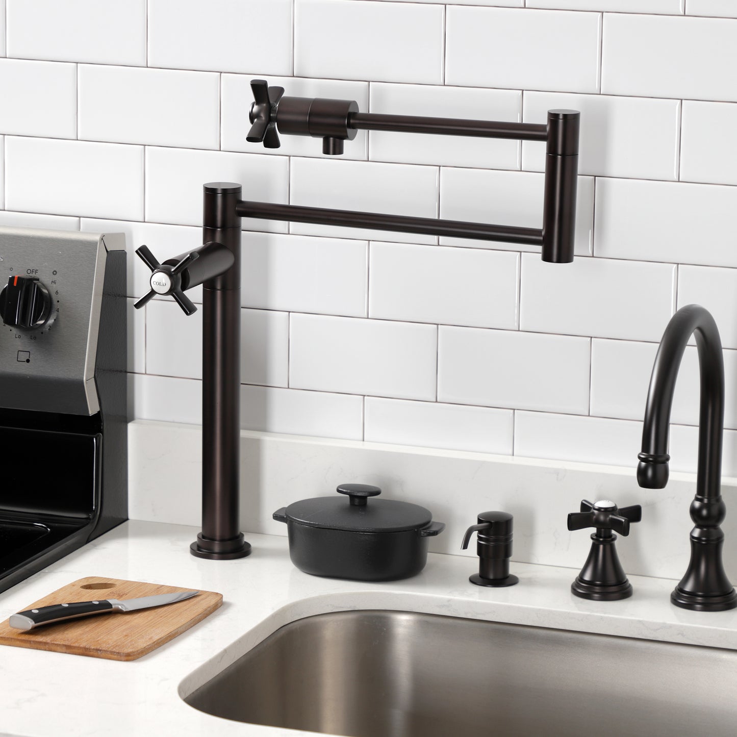 Kingston Brass KS4708ZX Millennium Deck Mount Pot Filler Faucet, Brushed Nickel view in contemporary kitchen setting