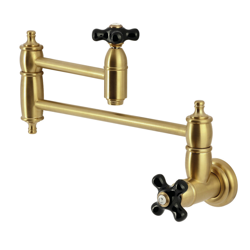 Kingston Brass KS3103PKX Duchess Wall Mount Pot Filler Faucet, Antique Brass with black porcelain handles