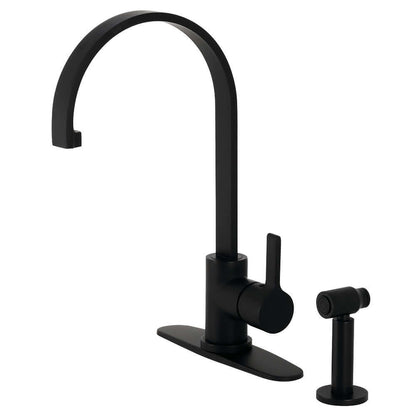 Kingston Brass LS8713CTLBS Continental Kitchen Faucet with Brass Side Sprayer, modern curved spout, matte black finish, left side view