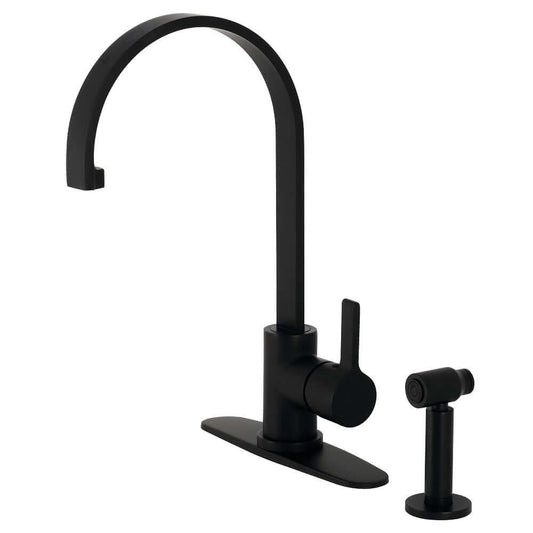 Kingston Brass LS8713CTLBS Continental Kitchen Faucet with Brass Side Sprayer, modern curved spout, matte black finish, left side view