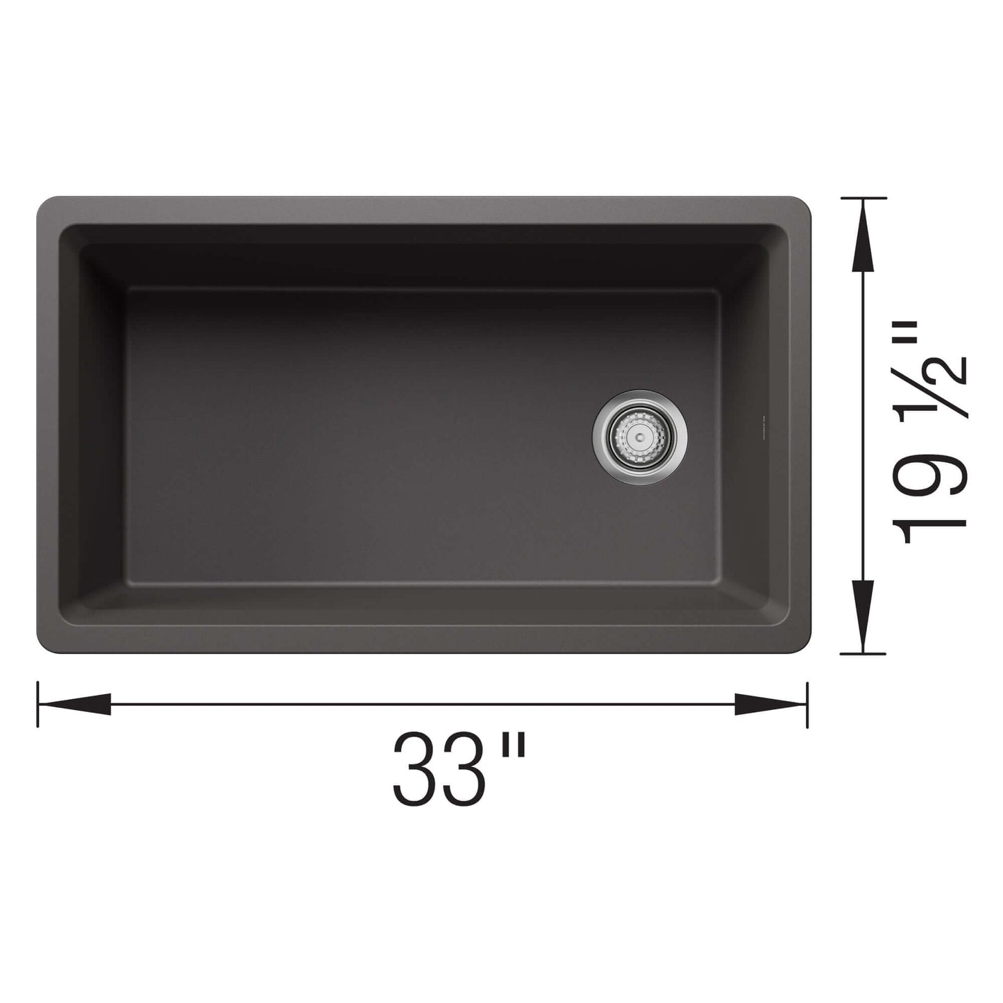 BLANCO Inteos SILGRANIT 33" Single Bowl Reversible Undermount Workstation Kitchen Sink top view dimensions 33" x 19.5".