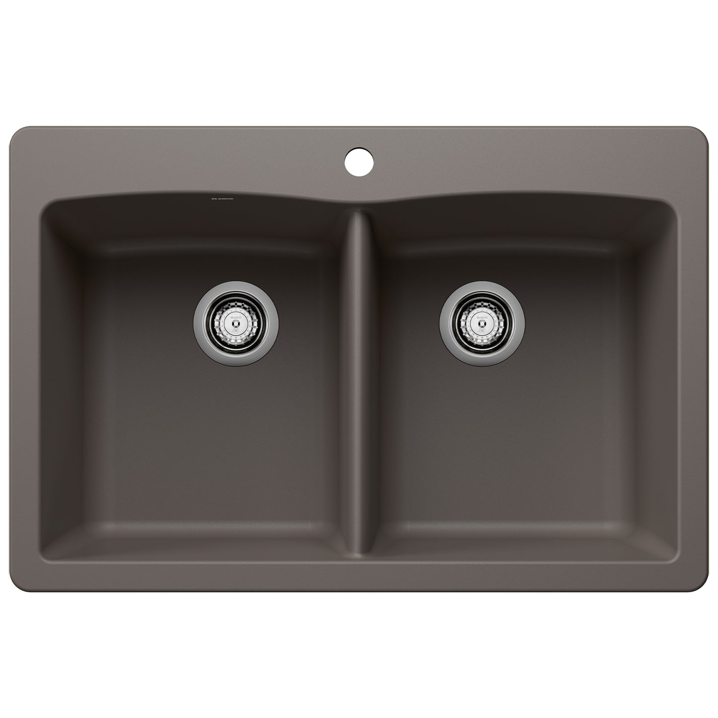 BLANCO Diamond SILGRANIT 33" 50/50 Double Bowl Dual Mount Kitchen Sink in dark finish with two basin holes.