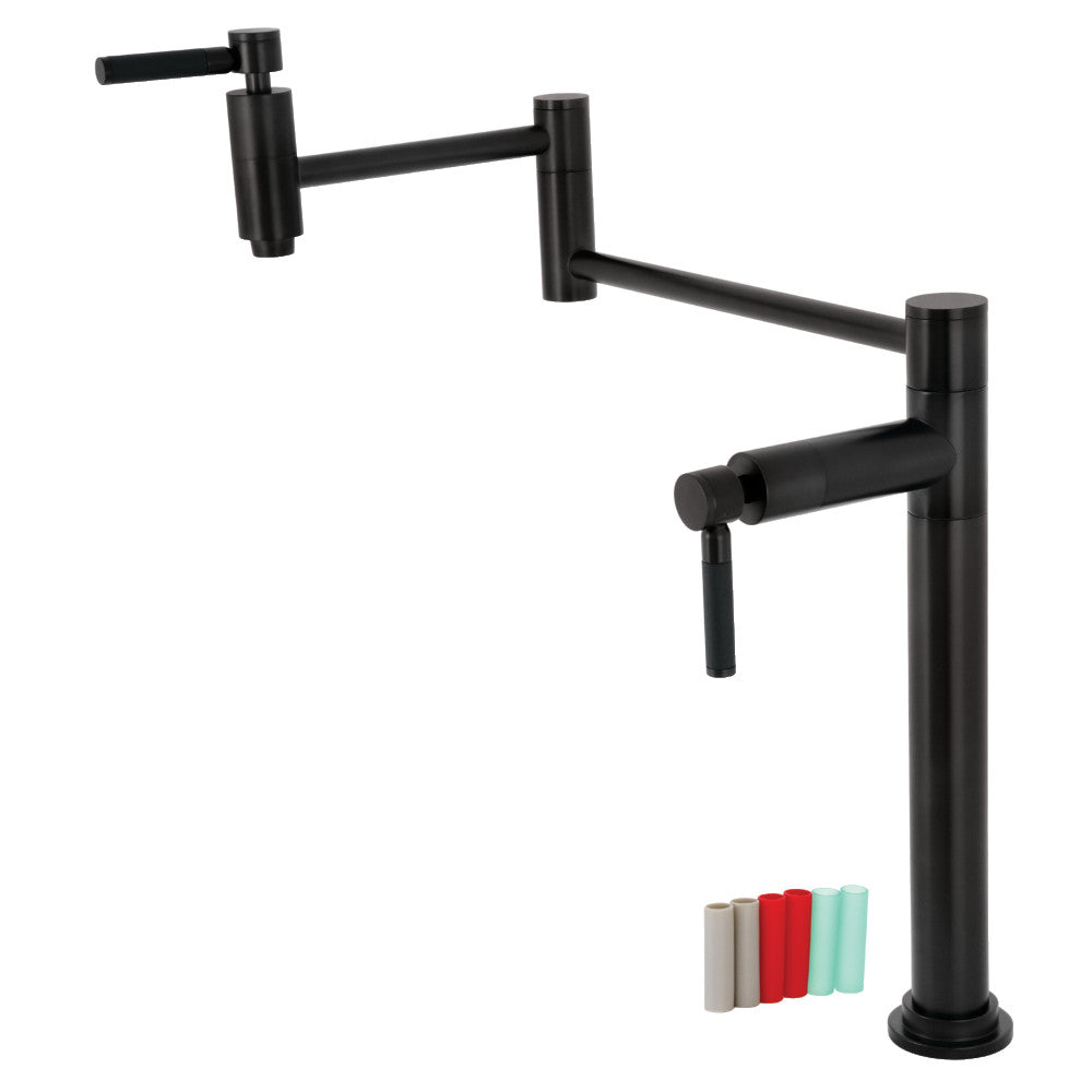 Kingston Brass KS8707DKL Kaiser Deck Mount Pot Filler Faucet, Brushed Brass with matte black finish and silicone rubber handles.