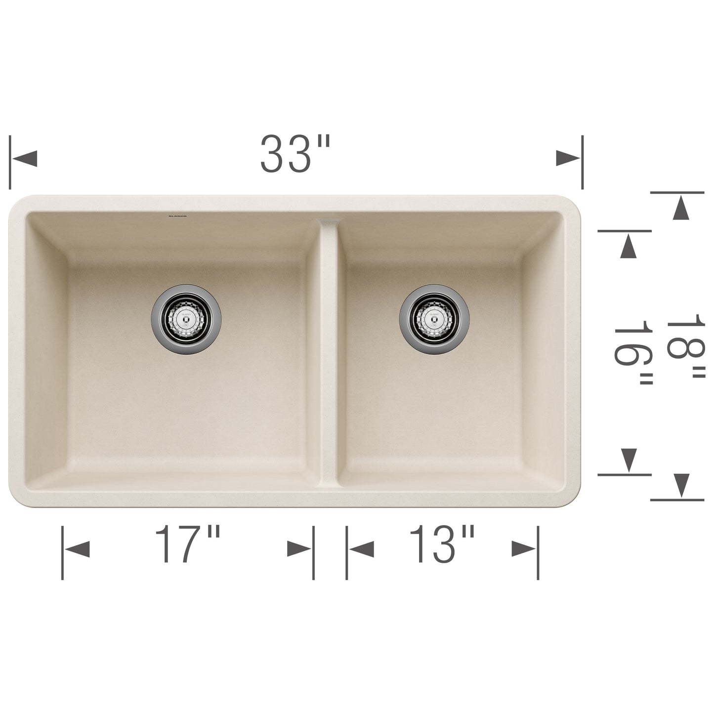 BLANCO Precis SILGRANIT 33" 60/40 Double Bowl Undermount Kitchen Sink top view with dimensions and two bowl design.