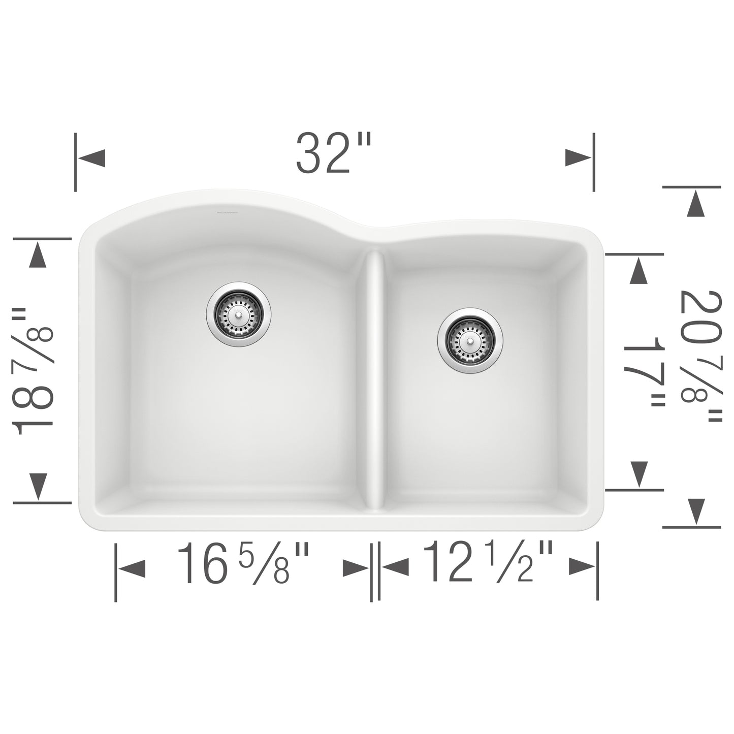 BLANCO Diamond SILGRANIT 32" 60/40 Double Bowl Undermount Kitchen Sink with measurements.