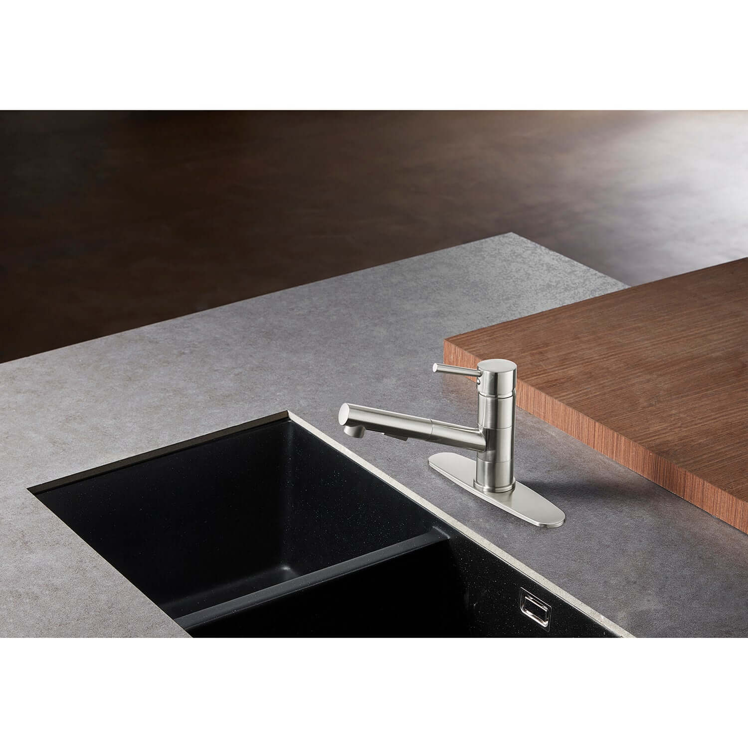 Gourmetier LS84DLAB Concord Single-Handle Pull-Out Kitchen Faucet, Antique Brass showcasing sleek design in a modern kitchen.